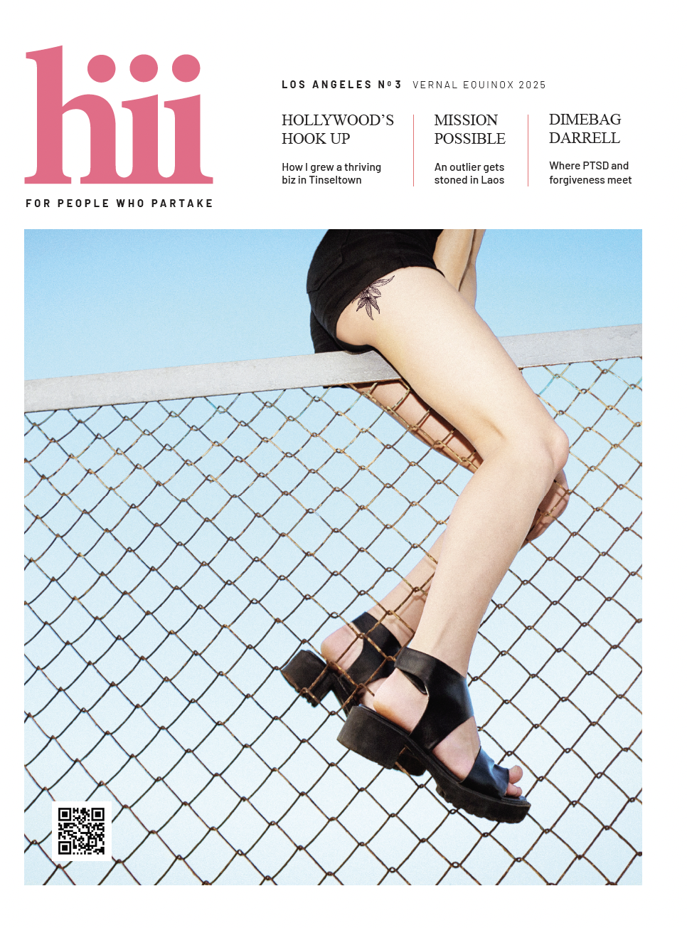 Hiii No. 3, Vernal Equinox: a figure in black heels sits above a chain-link fence.
