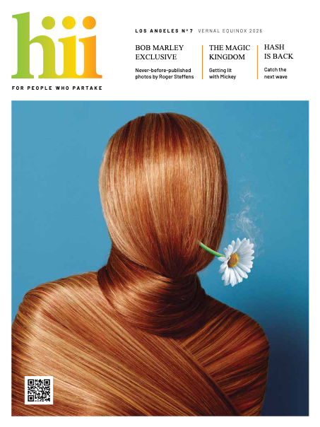 Hiii No. 7, Vernal Equinox 2026: a figure wrapped in flowing auburn hair holds a daisy.