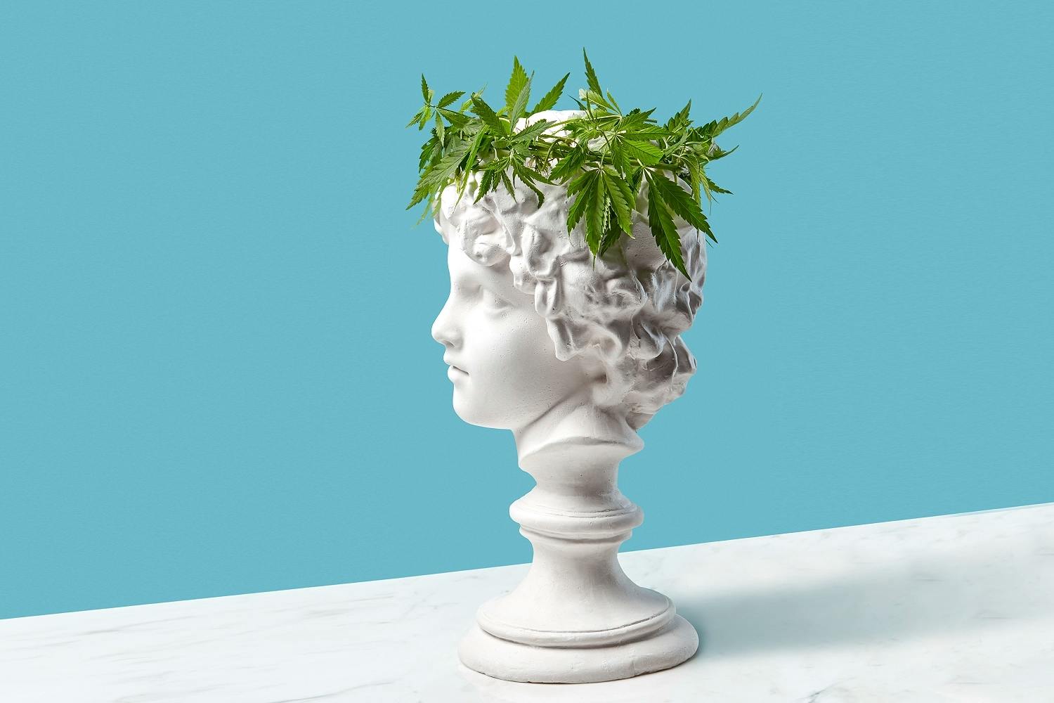 plaster bust with cannabis wreath