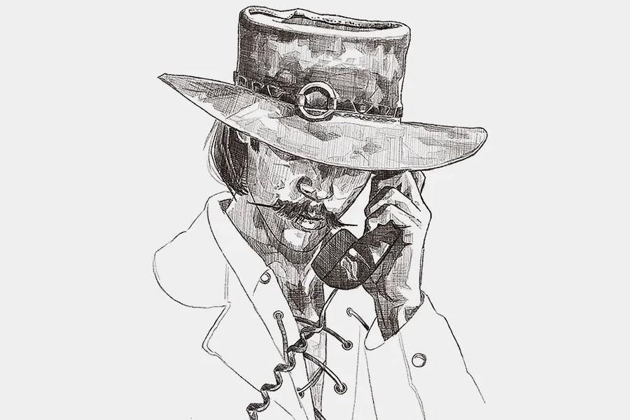 Ink illustration of Tom Forcade wearing a wide-brimmed hat and speaking on a telephone.