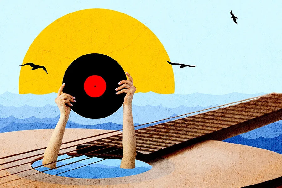 Illustration of hands holding a vinyl record above a boardwalk with mountains and a yellow sun.
