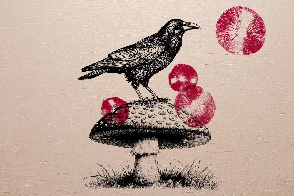 A black bird perched on a mushroom in a botanical-style illustration.