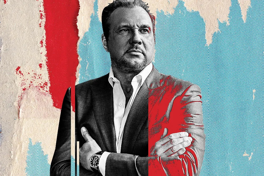 A collage portrait of Big Mike in a suit against red, white and blue textured paint.