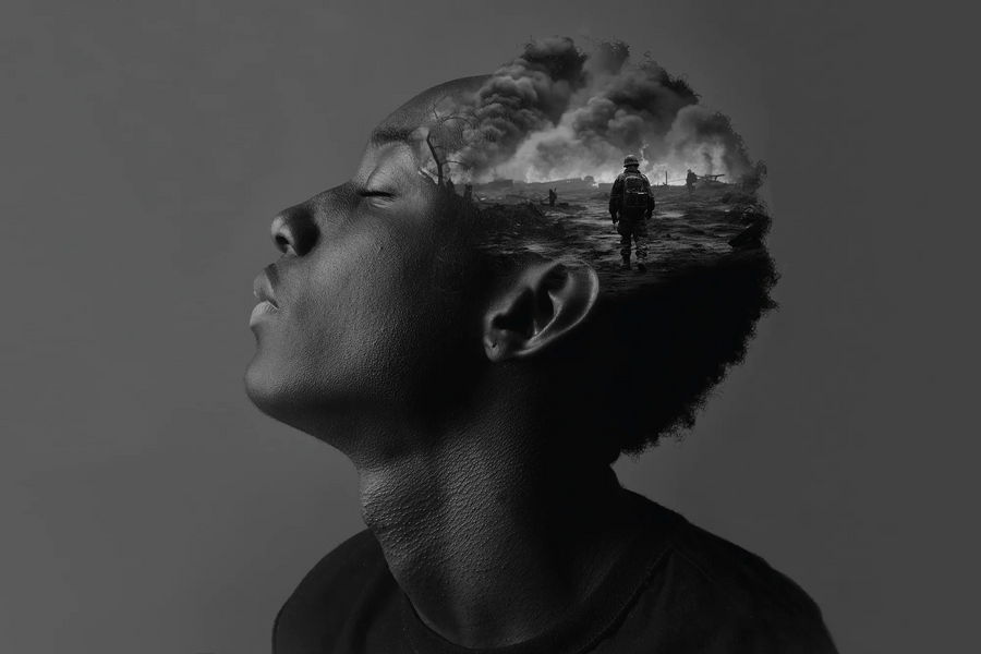 Story artwork: A black-and-white profile blended with a stormy landscape and a solitary figure.