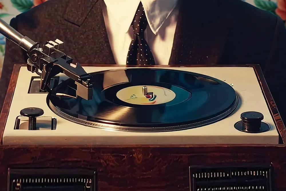 A record spins on a turntable in front of a suited listener.