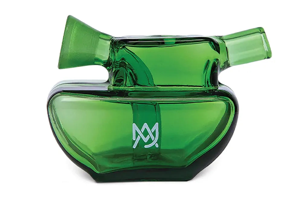 A green glass bubbler shaped like a compact military tank.
