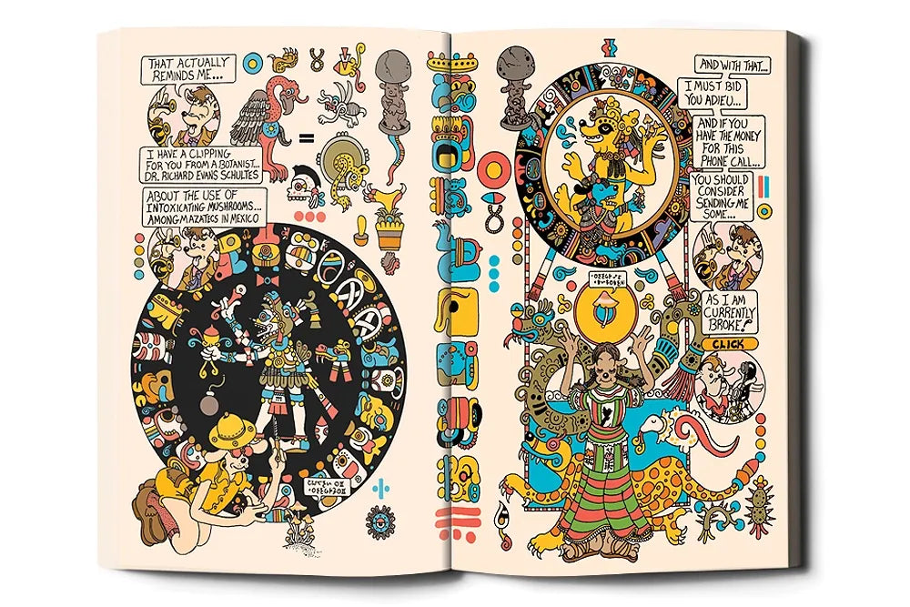An illustrated book spread filled with colorful figures, symbols and circular diagrams.