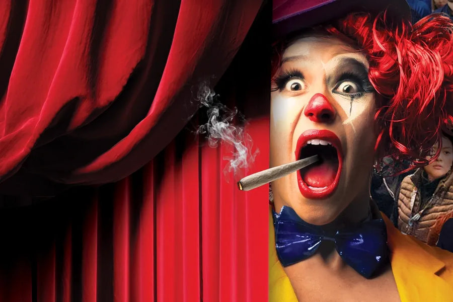A smoking clown peers out from red stage curtains in a circus collage.