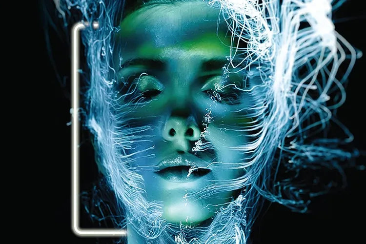 A close crop of a blue-green face surrounded by glowing smoke-like strands.