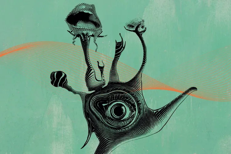 A close crop of the eye-filled tree-hand illustration for The Talking Trees.