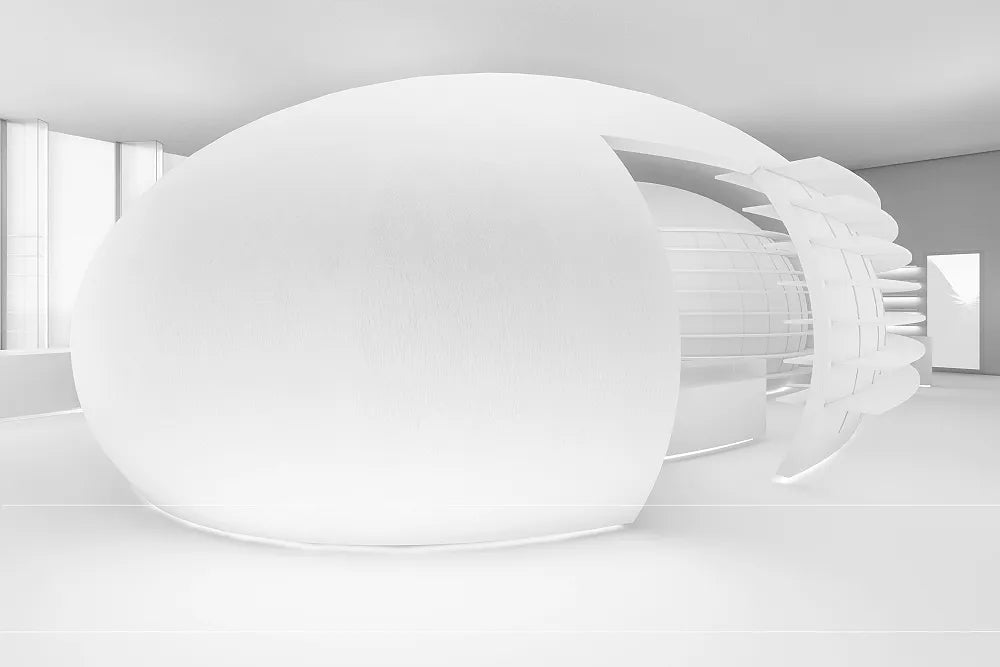 Story artwork: A smooth white oval structure inside a bright, minimal interior.