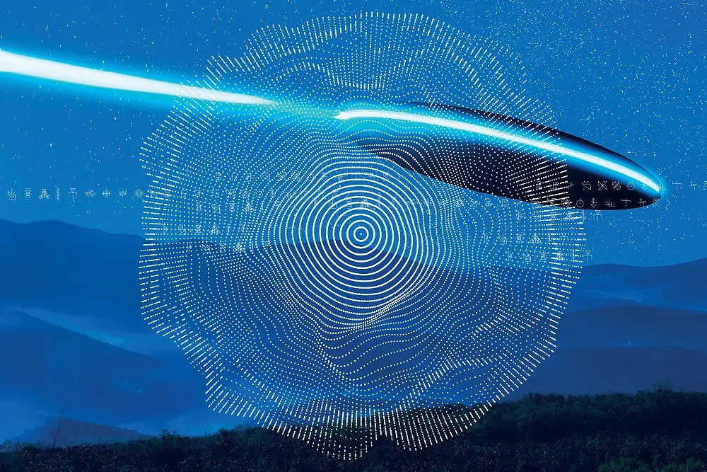 Story artwork: A futuristic flying object leaves a glowing blue trail across an abstract face-like pattern.