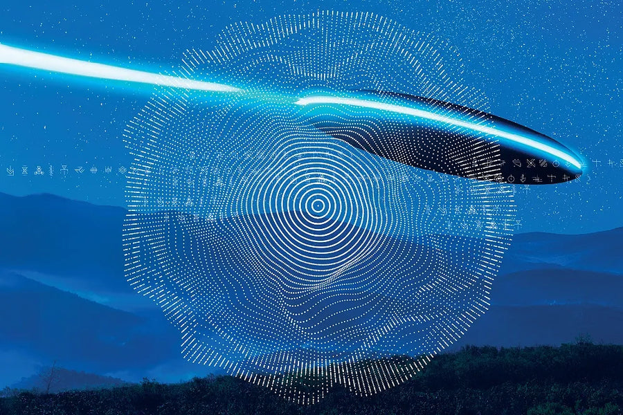 A futuristic flying object leaves a glowing blue trail across an abstract face-like pattern.