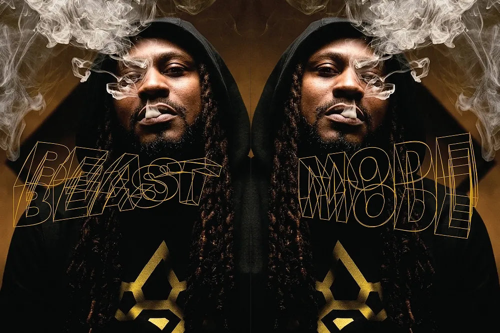 Mirrored portraits of Marshawn Lynch amid smoke with “Beast Mode” lettering.