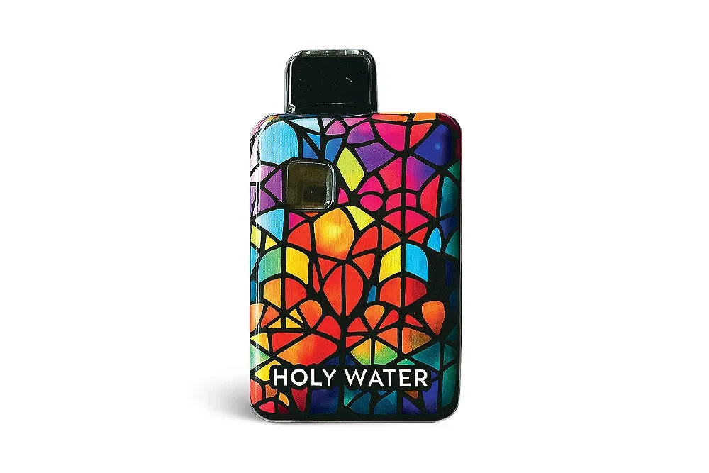 A Holy Water vape with colorful stained-glass-style artwork.