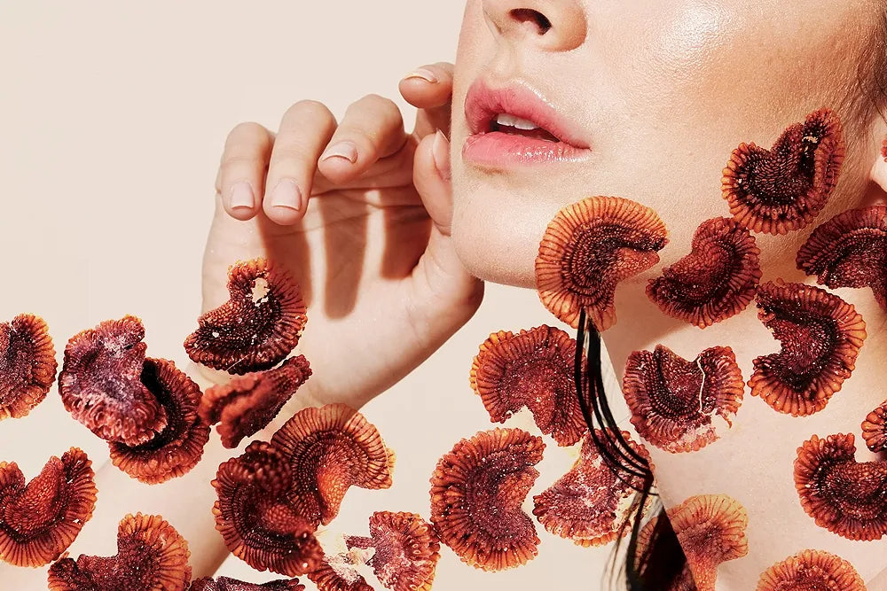 A woman's face and hand surrounded by curled reddish botanical forms.