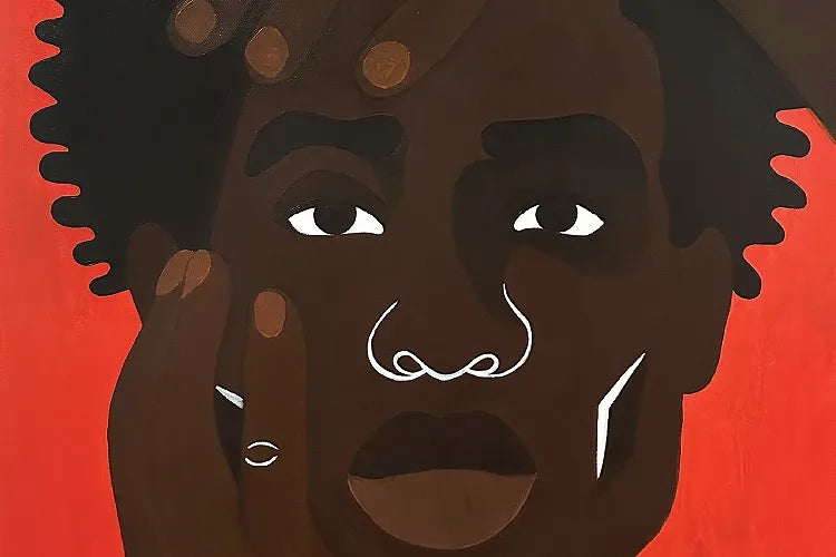 A close crop of a painted portrait with a nose ring against a red background.