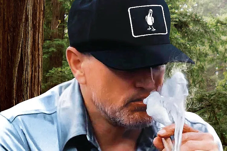 A close crop of a person in a black cap smoking among redwoods.