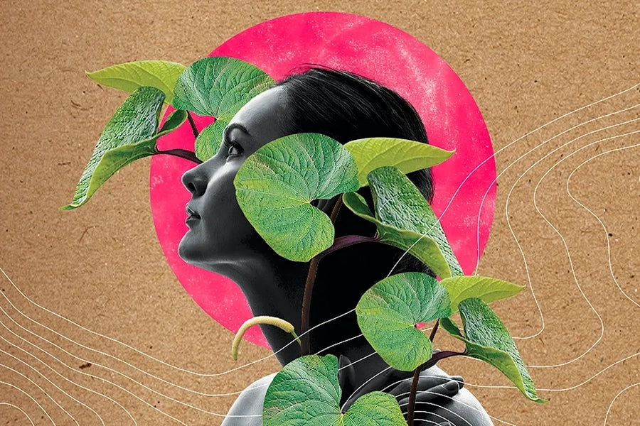 Story artwork: A profile portrait framed by green leaves and a bright pink circle.