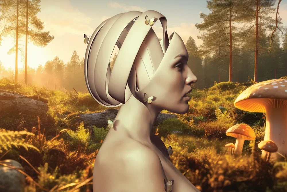 A surreal illustration of a sculpted human head in a sunlit mushroom forest.