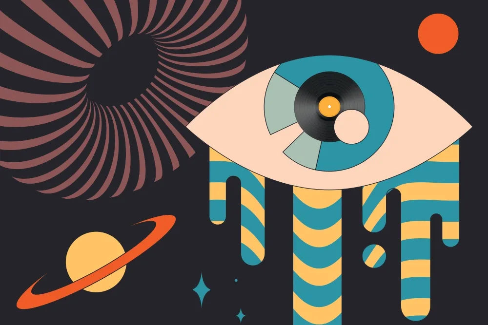 A graphic eye with a vinyl-record iris amid abstract planetary shapes.