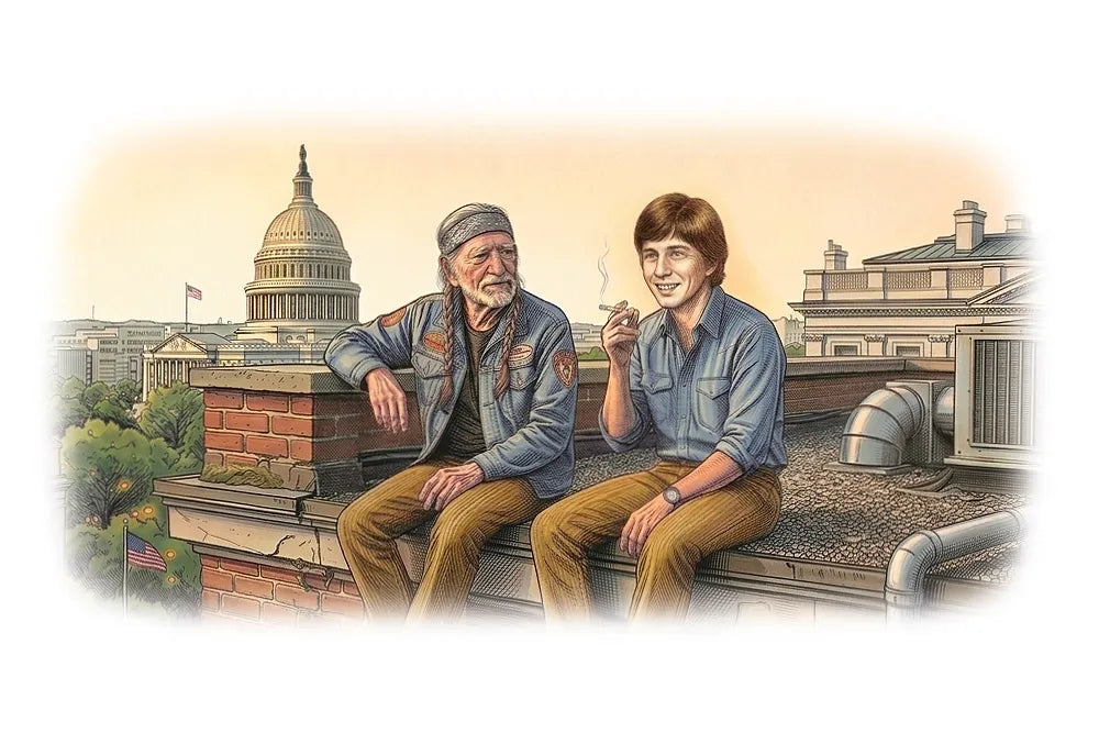 An illustration of Willie Nelson and a companion seated on a Washington rooftop.