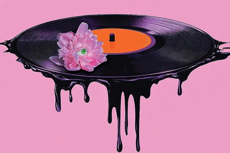 A close crop of a melting vinyl record and pink flower.