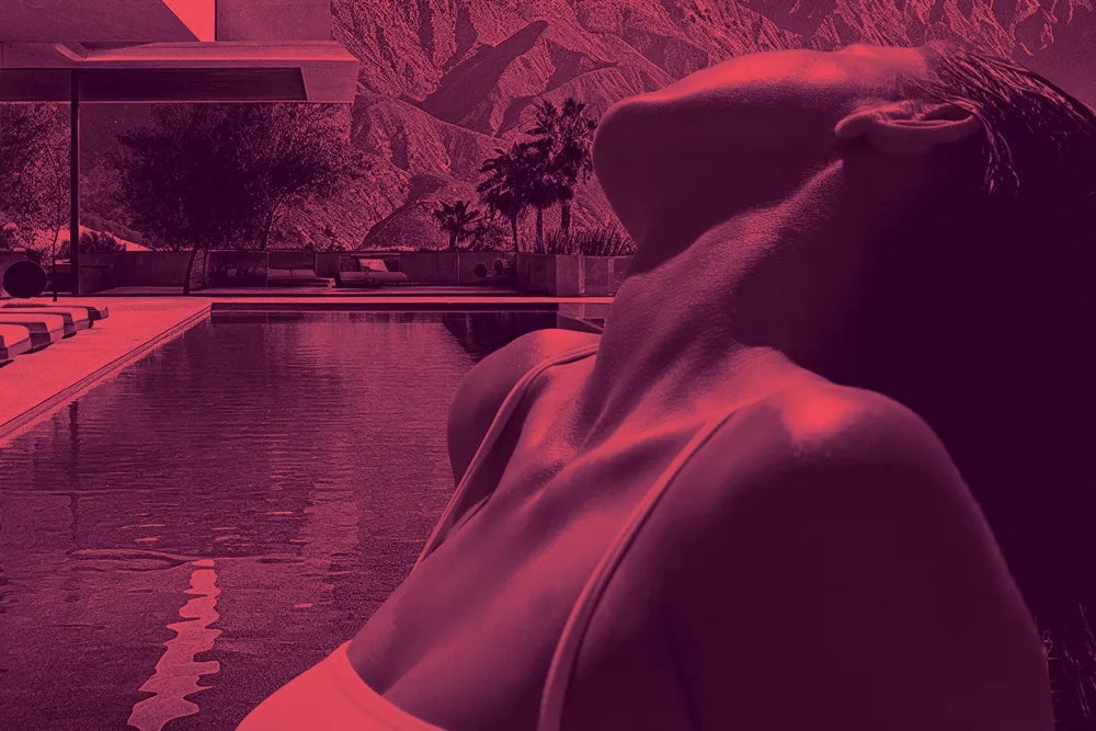 A reclining figure superimposed on a pink-tinted Palm Springs pool scene.