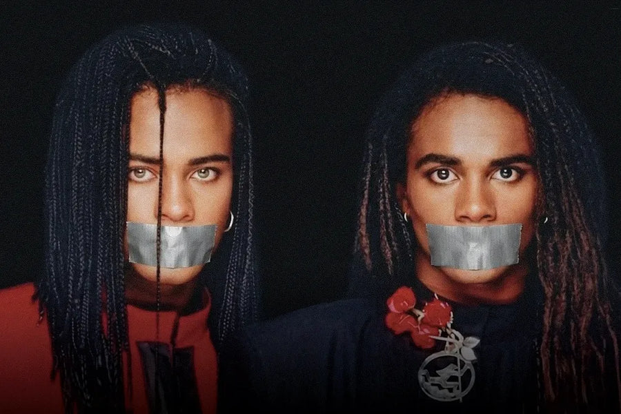 Story artwork: Milli Vanilli pose with silver tape across their mouths.