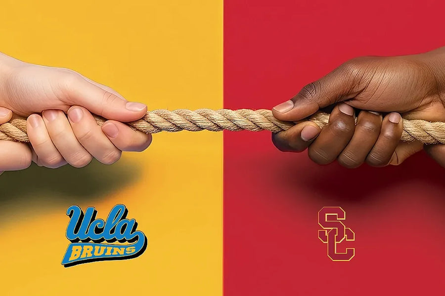 A tug-of-war rope between two hands above UCLA and USC logos.