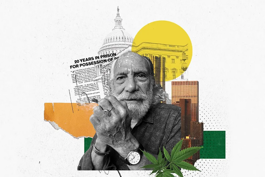 A collage of Bruce Margolin with newspaper clippings, cannabis leaves and government buildings.