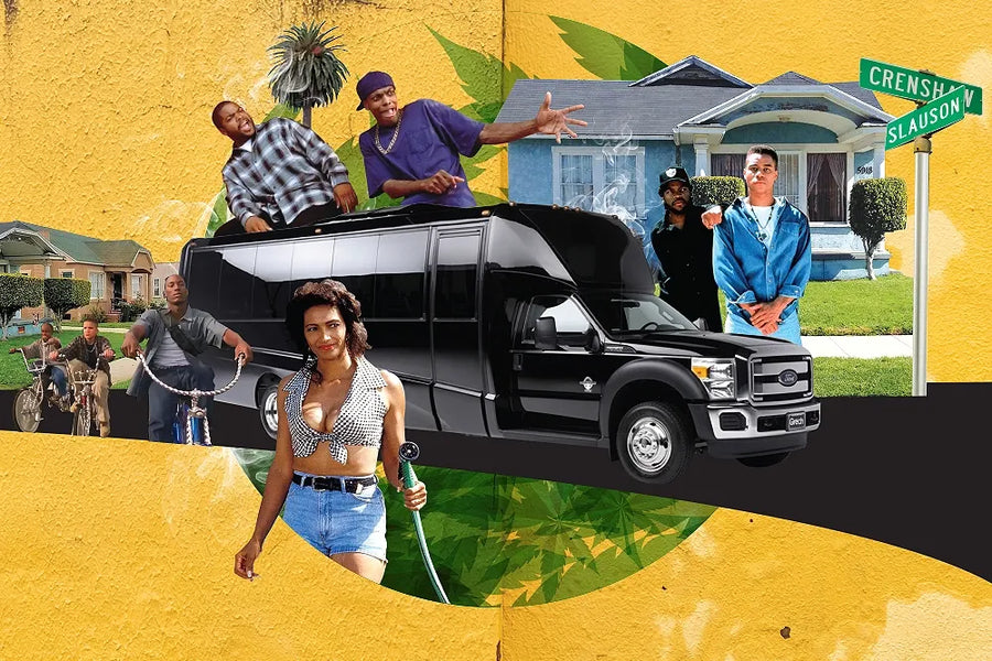 Story artwork: A Weed Tour collage with a black bus, film characters, neighborhood houses and cannabis leaves.