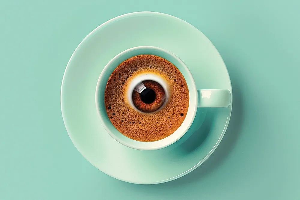 A surreal illustration of an eyeball in a cup of coffee on a mint-green saucer.