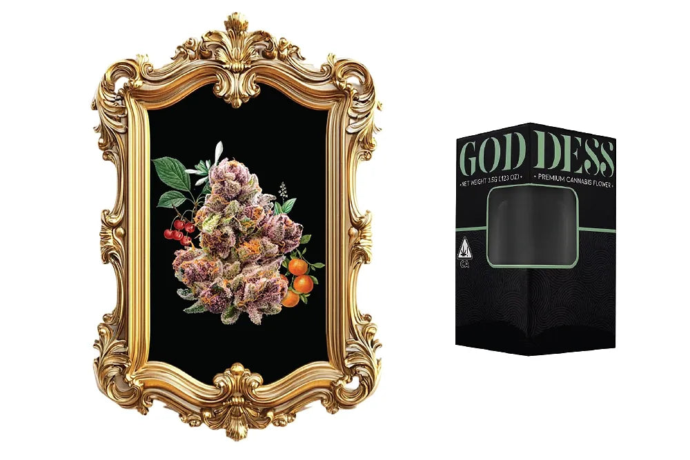 A cannabis flower displayed in an ornate gold frame beside a Goddess product box.