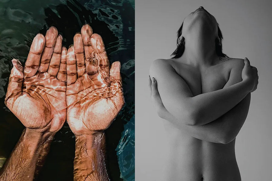 Open hands under water beside a black-and-white portrait of a person embracing themselves.