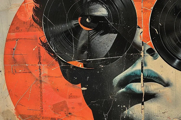 A close crop of the face-and-vinyl collage for Vinyl + Cannabis No. 5.