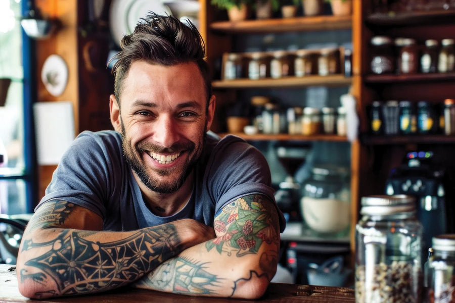 Story artwork: A smiling, tattooed budtender leans across a shop counter.