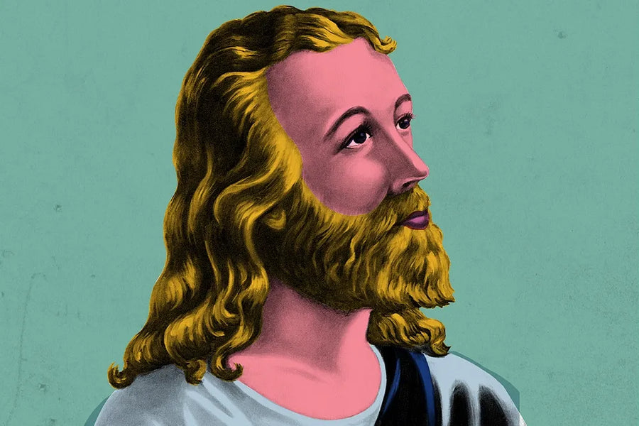 A pink-tinted illustration of Jesus against a teal background.