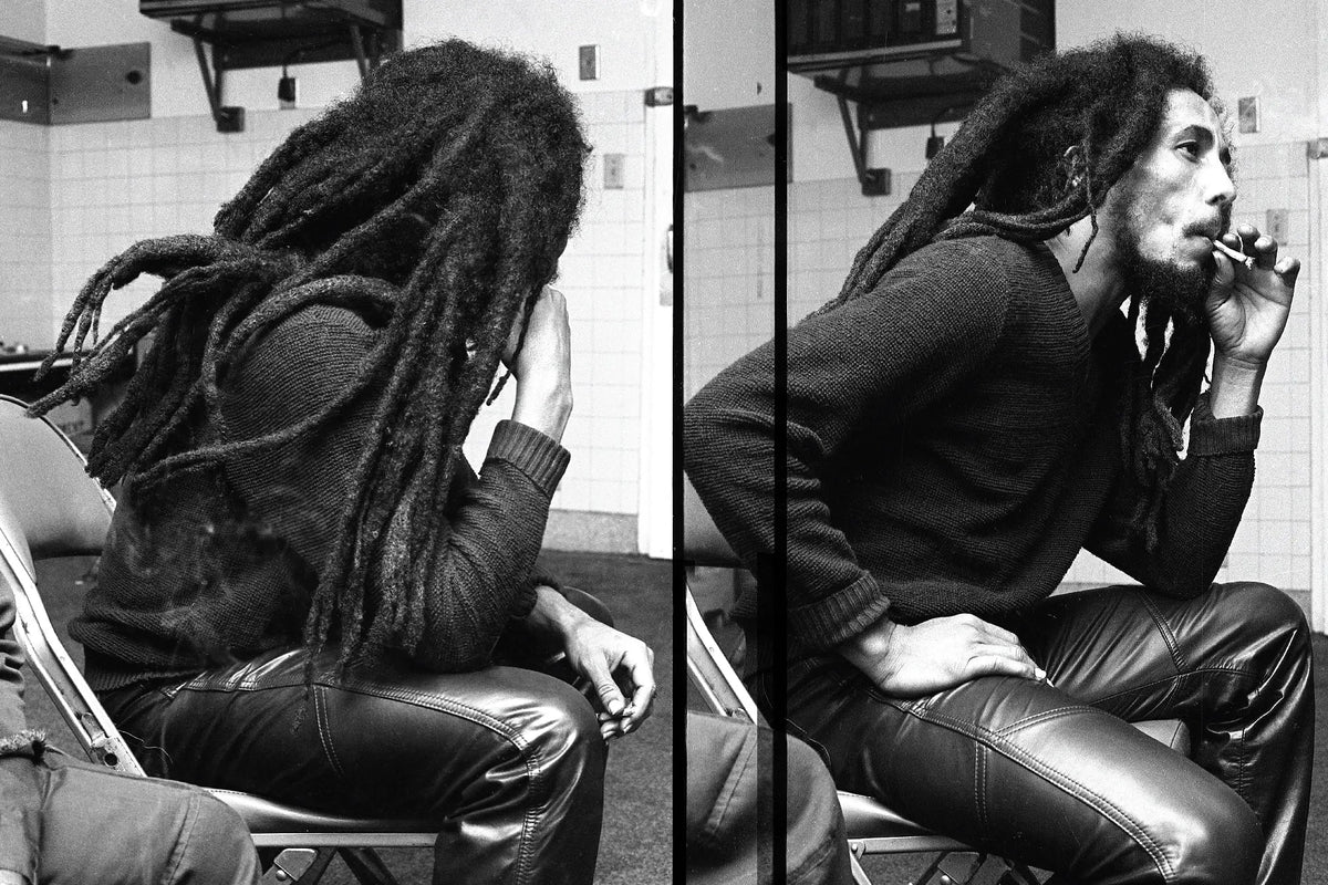 Two black-and-white portraits of Bob Marley seated with his long dreadlocks visible.