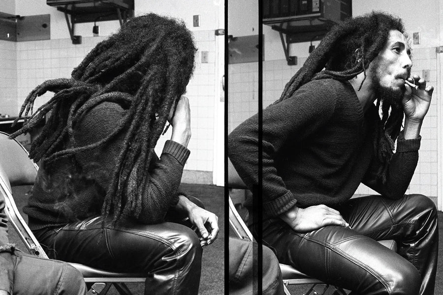 Two black-and-white portraits of Bob Marley seated with his long dreadlocks visible.