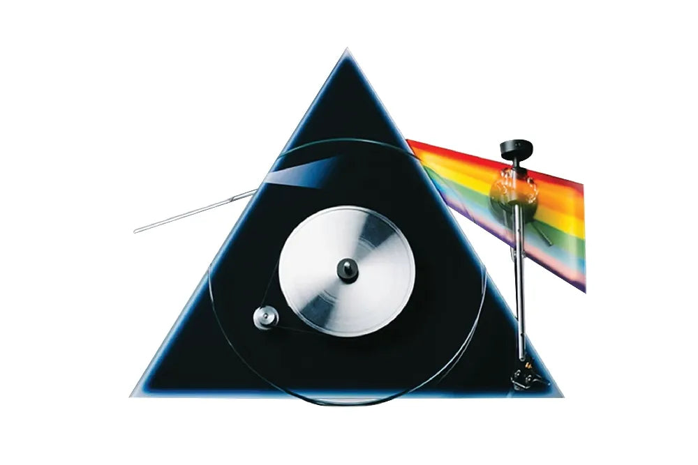 A triangular Dark Side of the Moon turntable with a rainbow accent.