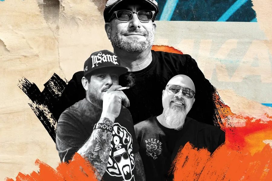 A collage of three black-and-white portraits over colorful brushstrokes.