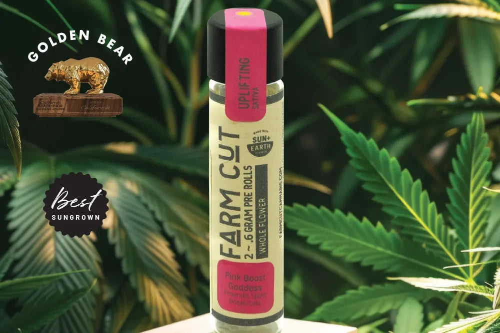 A Farm Cut pre-roll tube with a California State Fair Golden Bear Best Sungrown badge.