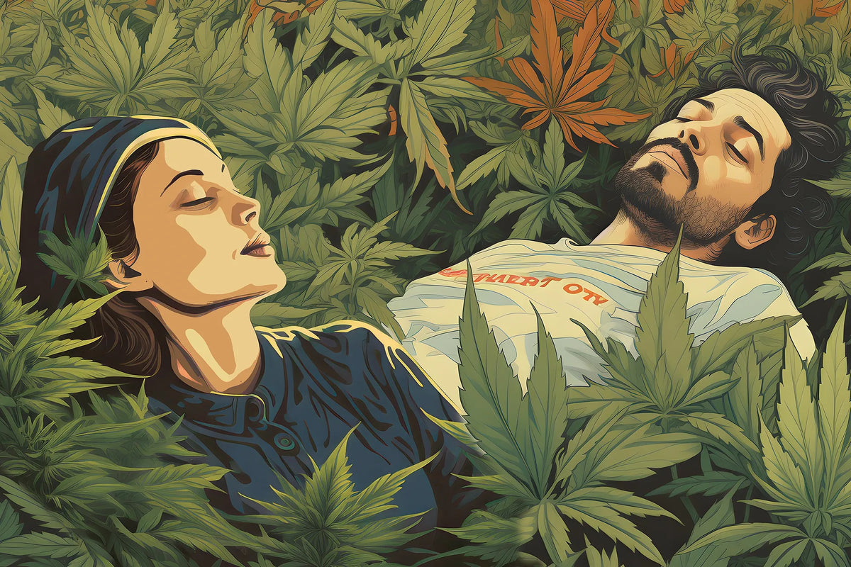An illustration of two people reclining among cannabis leaves.