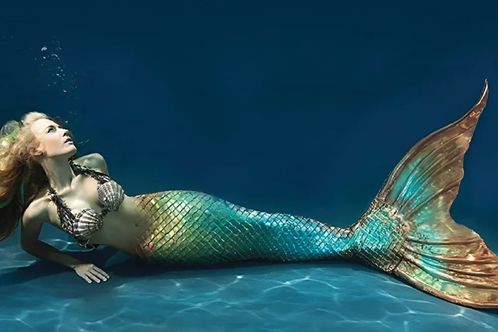 A person wearing a shimmering mermaid tail poses underwater.