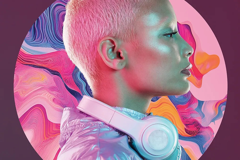A close crop of the pink-haired headphone portrait for Vinyl + Cannabis No. 6.