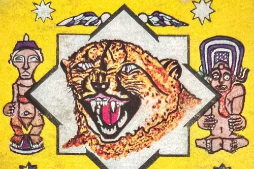 A snarling spotted cat illustrated on a yellow background between stylized figures.