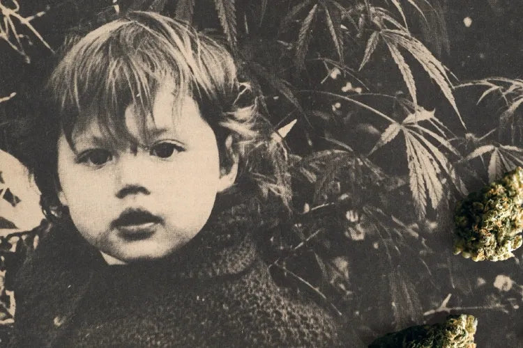 A close crop of the child and plants on a Marijuana Review cover.