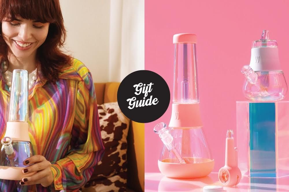A person holding a glass bong beside pastel smoking accessories and a Gift Guide badge.