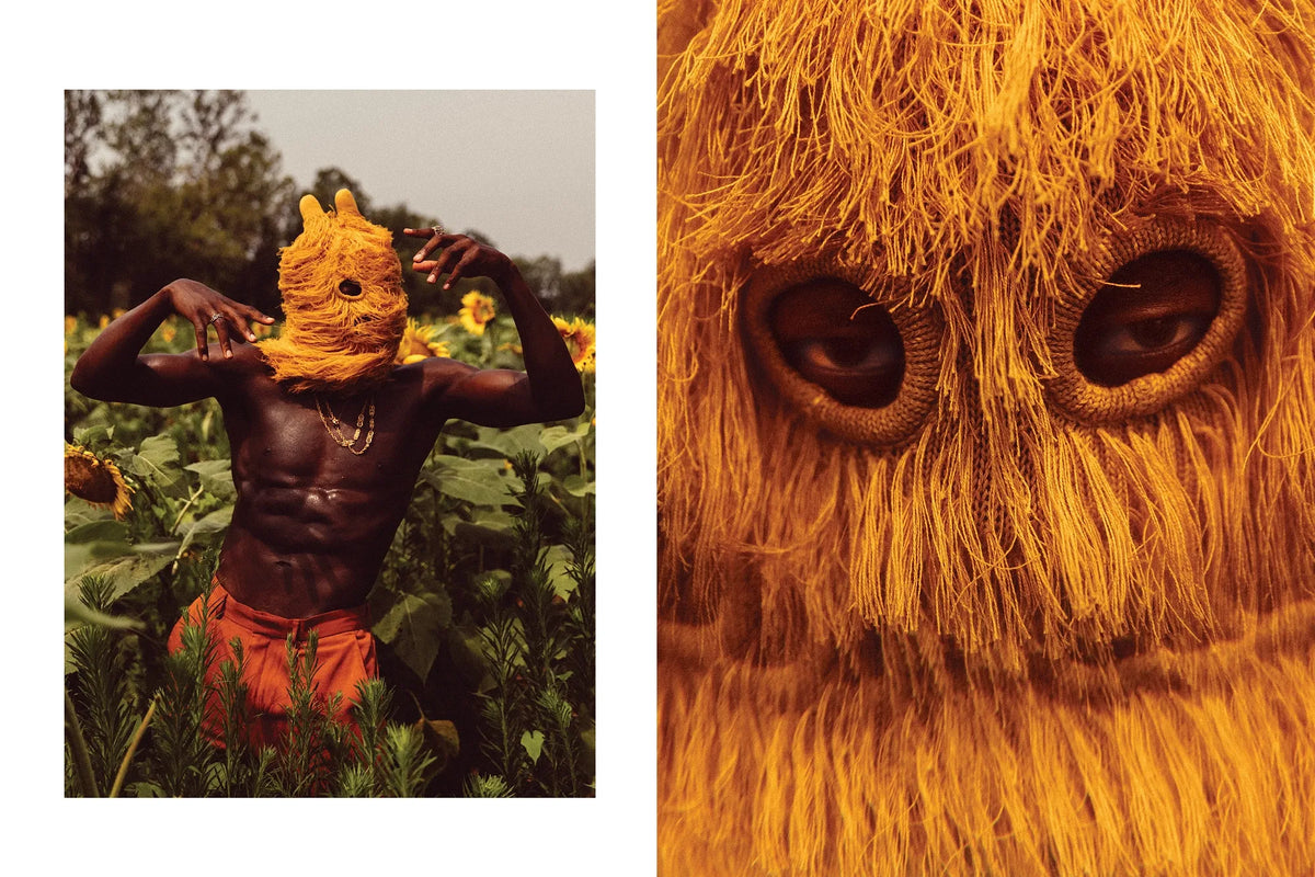 A performer wearing an orange fiber mask beside a close-up of its eye openings.